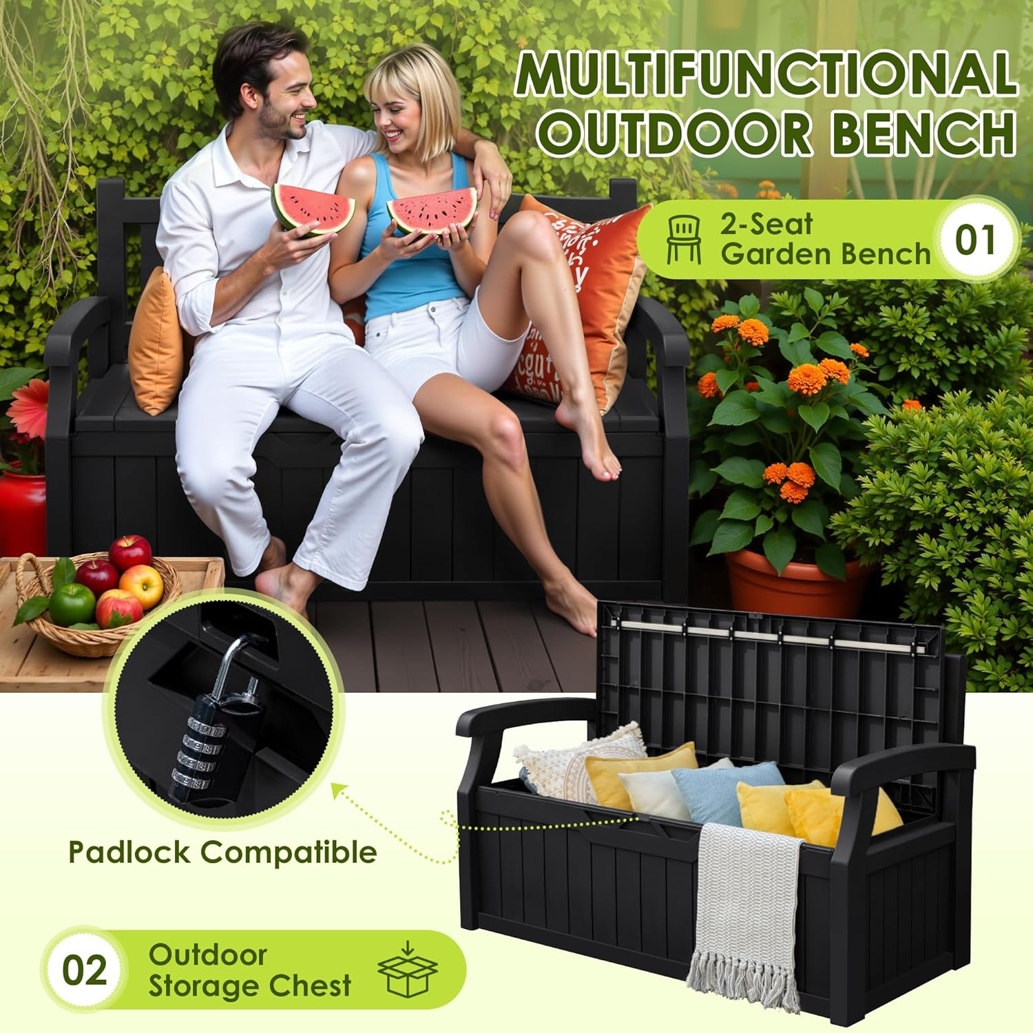 Greesum 80 Gallon Outdoor Storage Bench, Weather-Resistant Deck Box, Patio Furniture Bench for Backyard, Garden, Porch, Large Capacity Seat for Pillows Cushions Patio Accessories, Dark Black