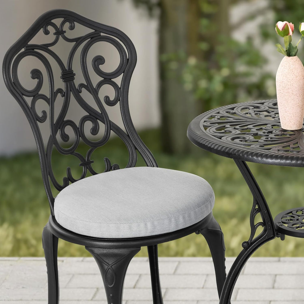 NUU GARDEN 3 Pieces Patio Bistro Set, Outdoor Bistro Set with 2 Chairs, Round Table with Umbrella Hole, Outdoor Bistro Set with Umbrella Hole and Grey Cushions, Black
