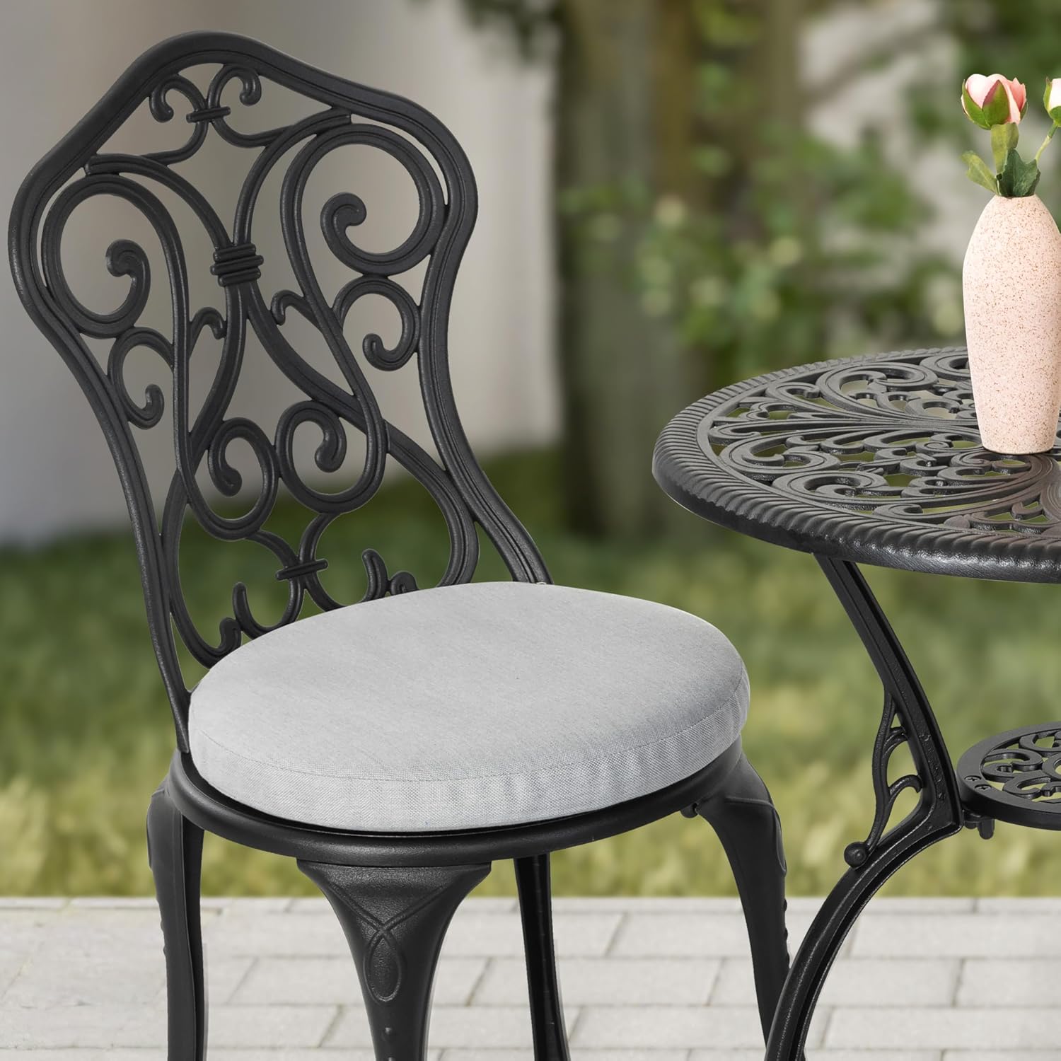 NUU GARDEN 3 Pieces Patio Bistro Set, Outdoor Bistro Set with 2 Chairs, Round Table with Umbrella Hole, Outdoor Bistro Set with Umbrella Hole and Grey Cushions, Black