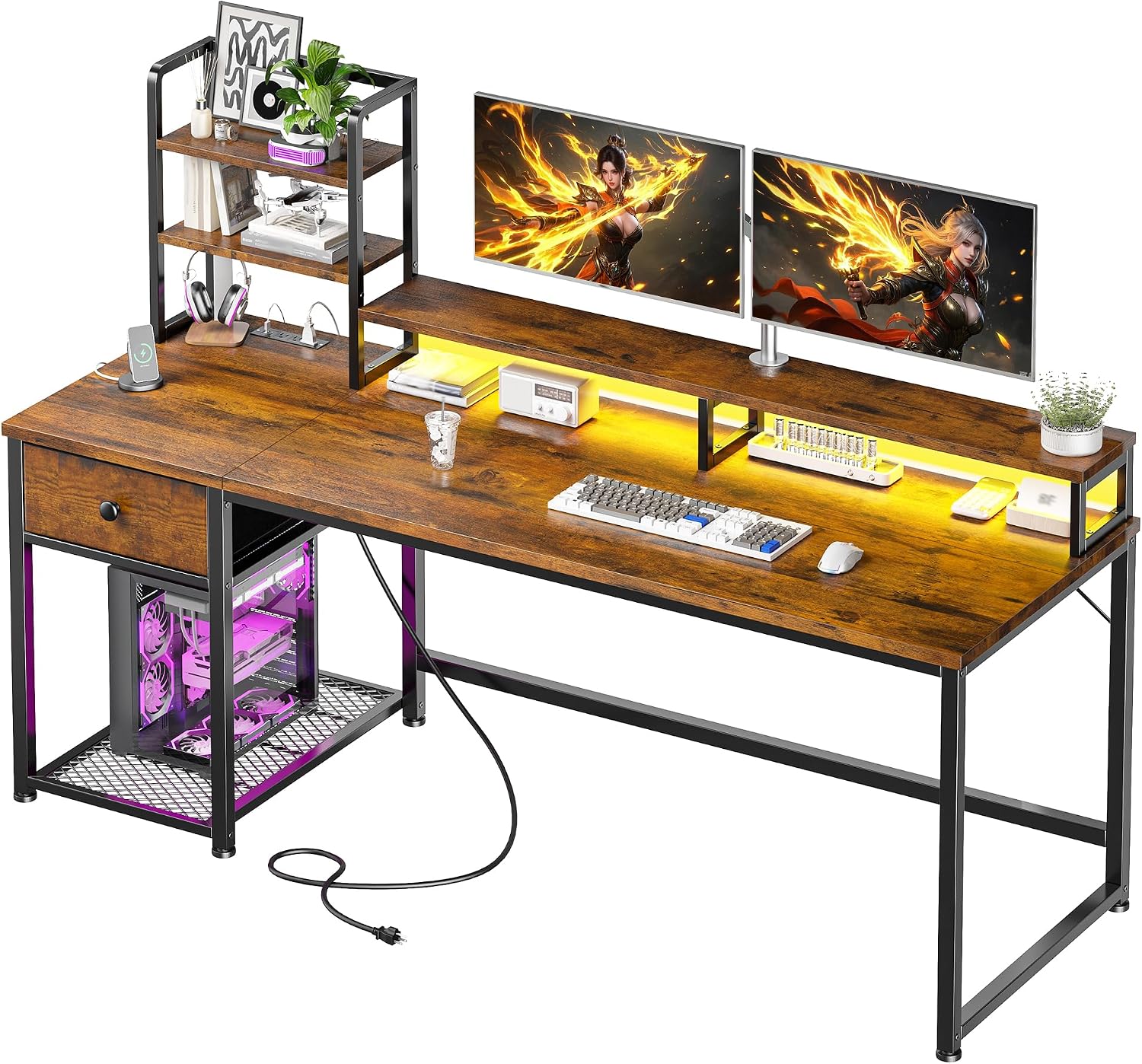 EnHomee 55 Inch Computer Desk with Hutch and Drawers,Reversible Home Office Desk with Monitor Shelf,Gaming Desks with USB Power Outlets,Writing Gaming Table for Office with LED Lights,Rustic Brown