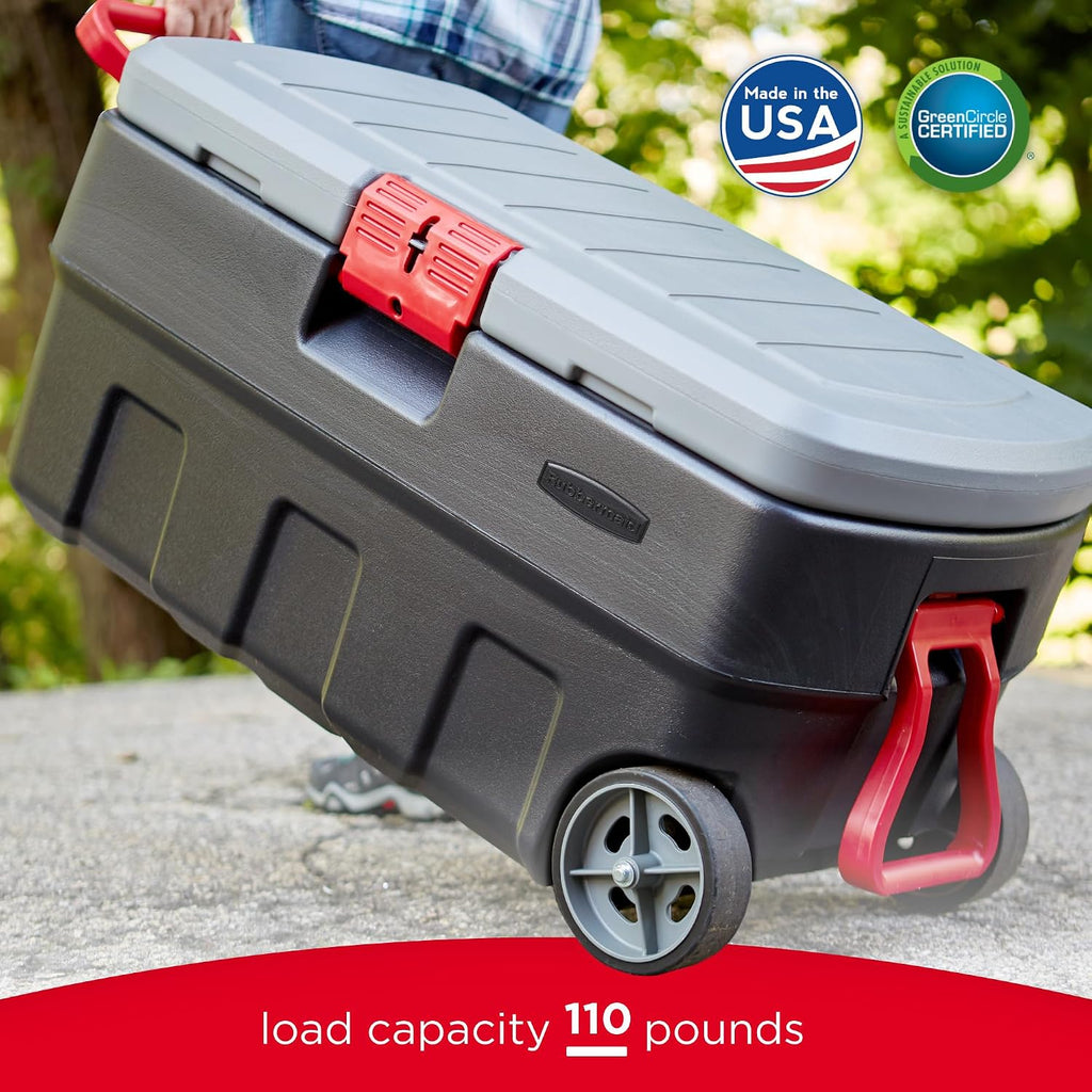 Rubbermaid ActionPacker 35 Gallon, Made in USA, Lockable Plastic Storage Bin with Lid and Wheels- Outdoor, Industrial, Rugged, Camping Gear and Truck Bed Storage - Gray and Black