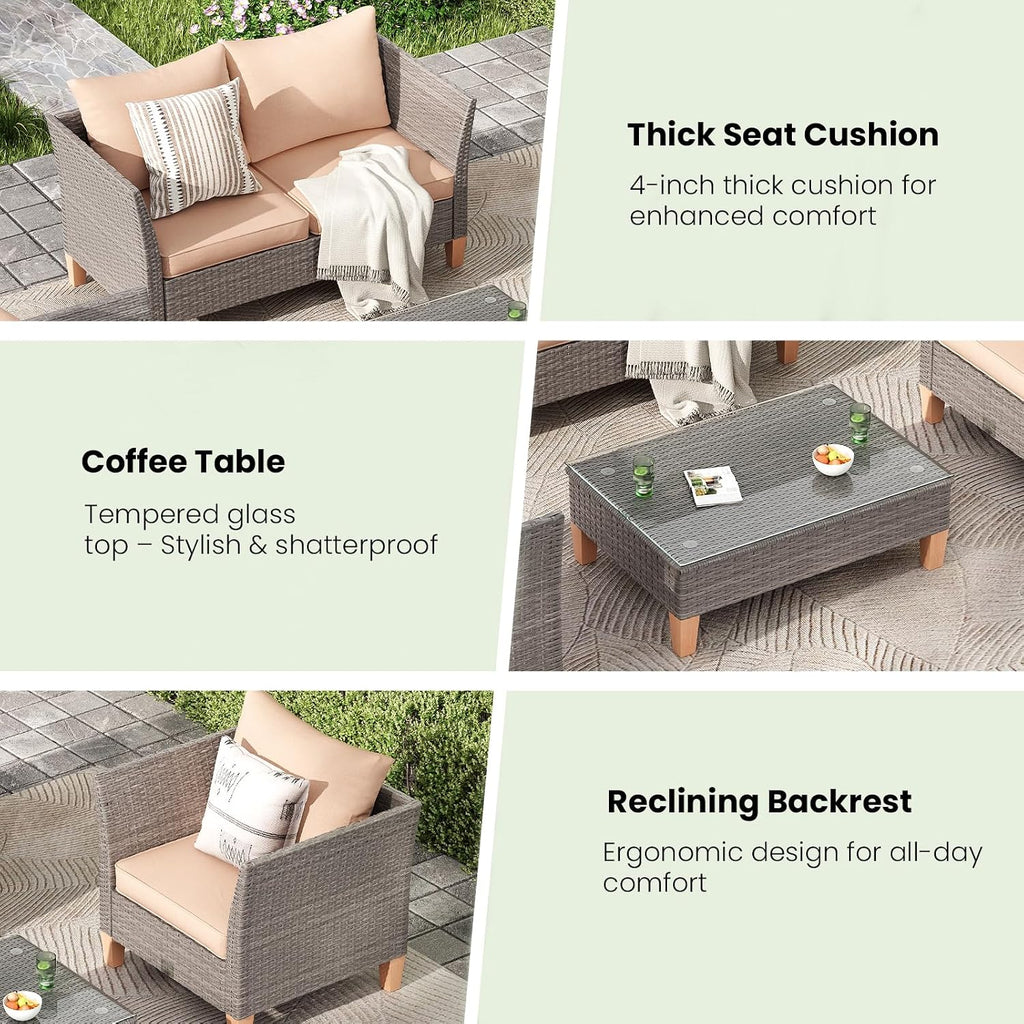 Soohow 5-Piece Patio Furniture Set, Thickened Rattan Sectional Outdoor Sofa with Glass Top Table, Reclined Backrest and Khaki Cushions
