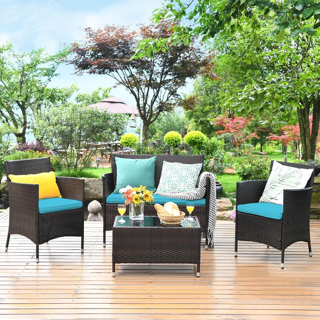 COSTWAY 8PCS Rattan Patio Furniture Set, Outdoor Wicker Rattan Chairs with Coffee Table, Rattan Cushioned Conversation Set for Backyard Balcony Porch Poolside, Turquoise