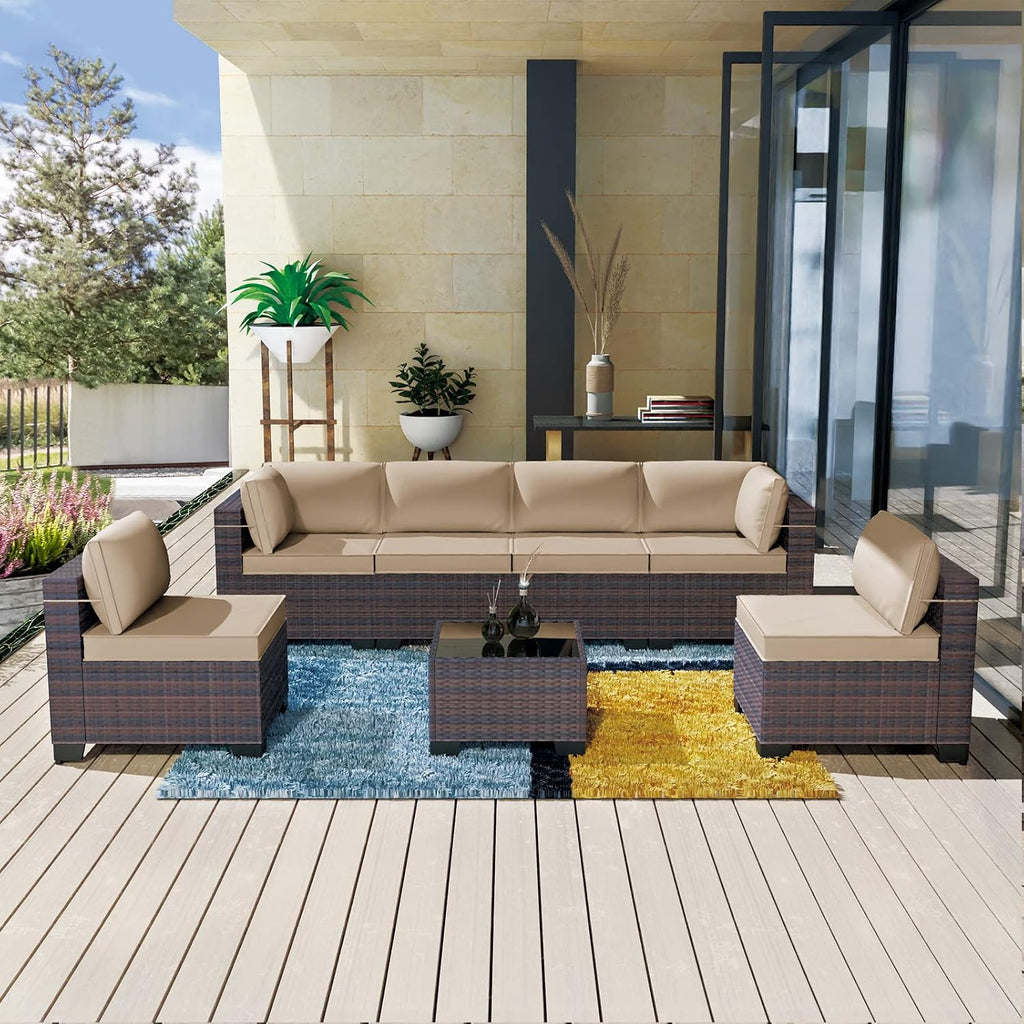 Kullavik 7 Pieces Outdoor Patio Furniture Set,Sectional Rattan Sofa Set Brown PE Rattan Wicker Patio Conversation Set with Tempered Glass Coffee Table and Washable Cushions Covers,Sand