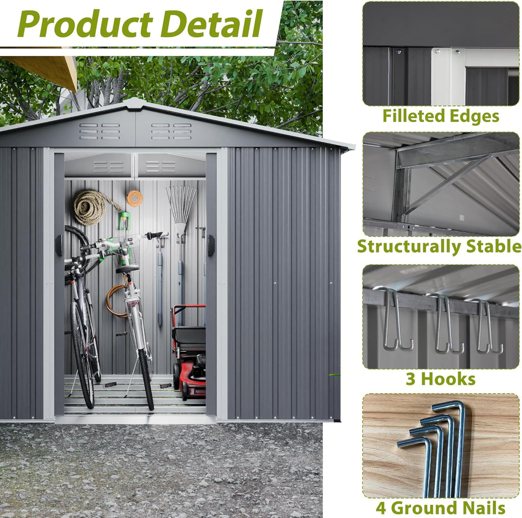 8x6 ft Outdoor Metal Storage Shed with Sliding Door, Heavy-Duty Weather Resistant Steel Garden Shed with Floor Base Kit Included