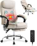6-Point Massage Office Chair with Heated, Ergonomic Office Chair with Footrest & 45°Reclining High Back, Big and Tall Executive Office Chair 500LBS, Thick Cushion Desk Chair for Home Office, Beige(PU)