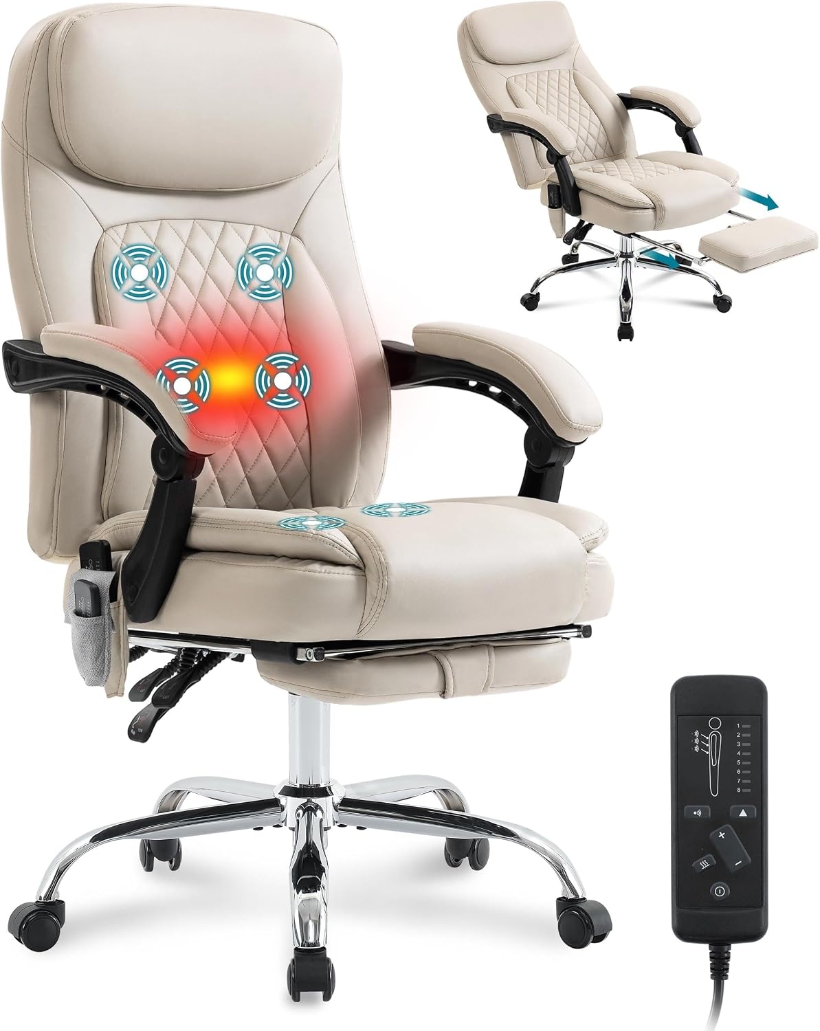 6-Point Massage Office Chair with Heated, Ergonomic Office Chair with Footrest & 45°Reclining High Back, Big and Tall Executive Office Chair 500LBS, Thick Cushion Desk Chair for Home Office, Beige(PU)