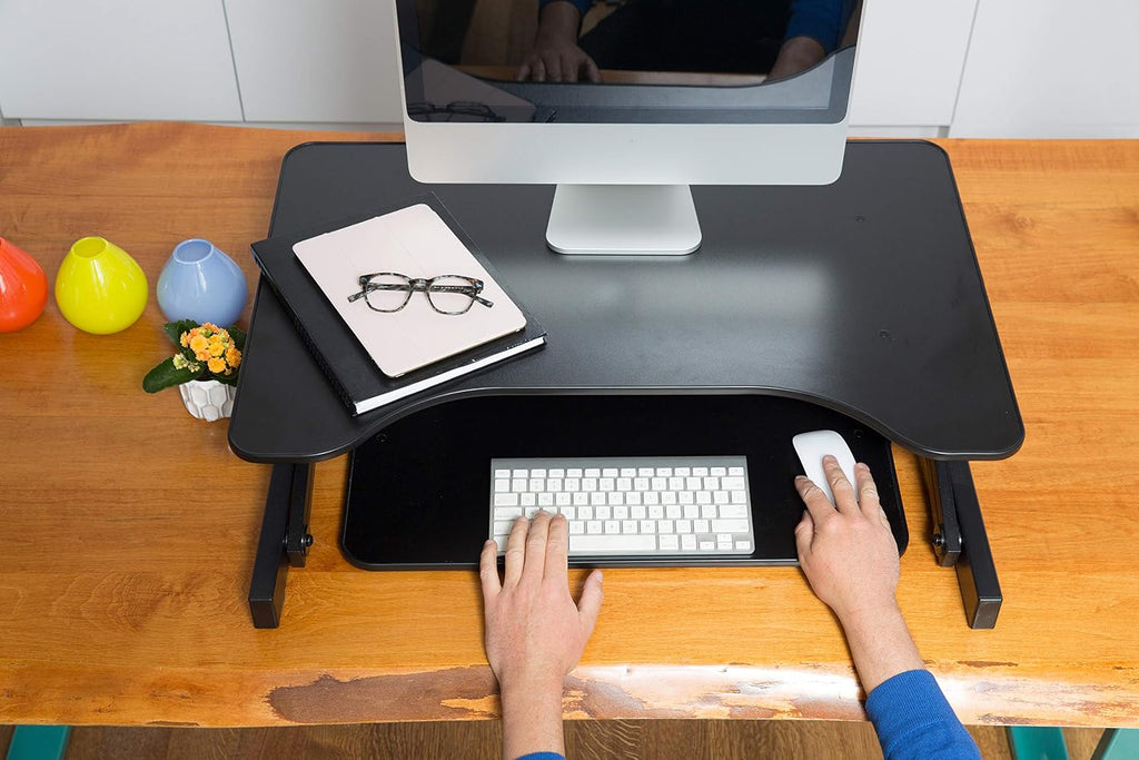 Rocelco 32' Height Adjustable Standing Desk Converter - Slide Out Retractable Keyboard Tray - Sit Stand Up Double Monitor Riser - Dual Piston Lift Assist Tabletop Computer Workstation - Black (R ADRB)