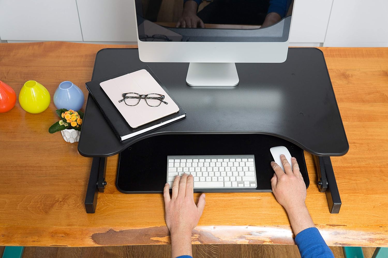 Rocelco 32' Height Adjustable Standing Desk Converter - Slide Out Retractable Keyboard Tray - Sit Stand Up Double Monitor Riser - Dual Piston Lift Assist Tabletop Computer Workstation - Black (R ADRB)