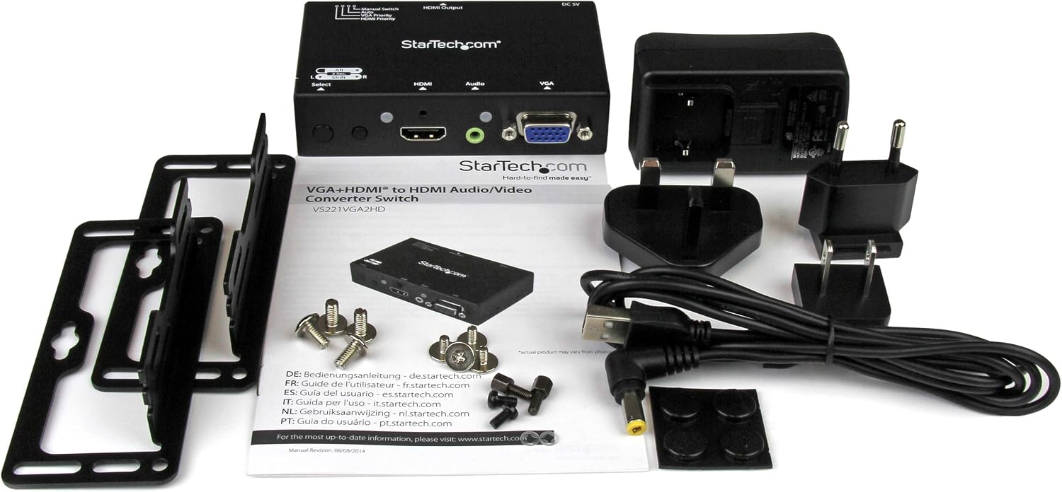 StarTech.com 2x1 VGA + HDMI to HDMI Switch / Selector Box - 1080p Multi Video Input Automatic Switcher - 2 Computers In 1 Monitor Out, TAA (VS221VGA2HD)