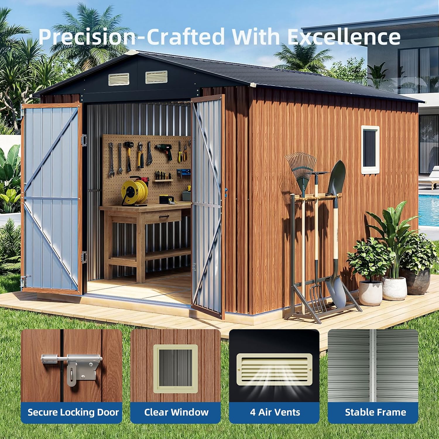 8x10 FT Outdoor Storage Shed, Metal Garden Shed with Updated Frame Structure, Lockable Door and Window, Large Tool Shed for Backyard, Patio, Lawn, Utility & Bike Storage