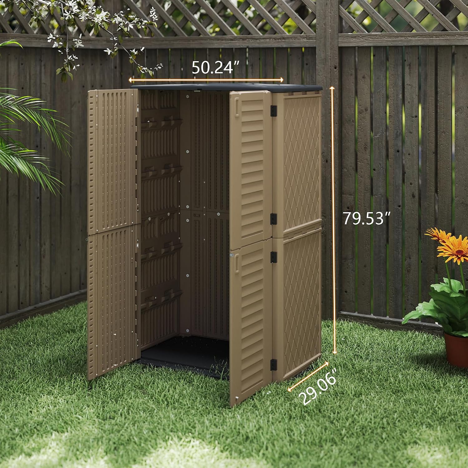 European Double-Door Outdoor Storage Shed in Brown, Sized 50x29x80 Inches - A Weatherproof Resin Cabinet for Vertical Storage Organization
