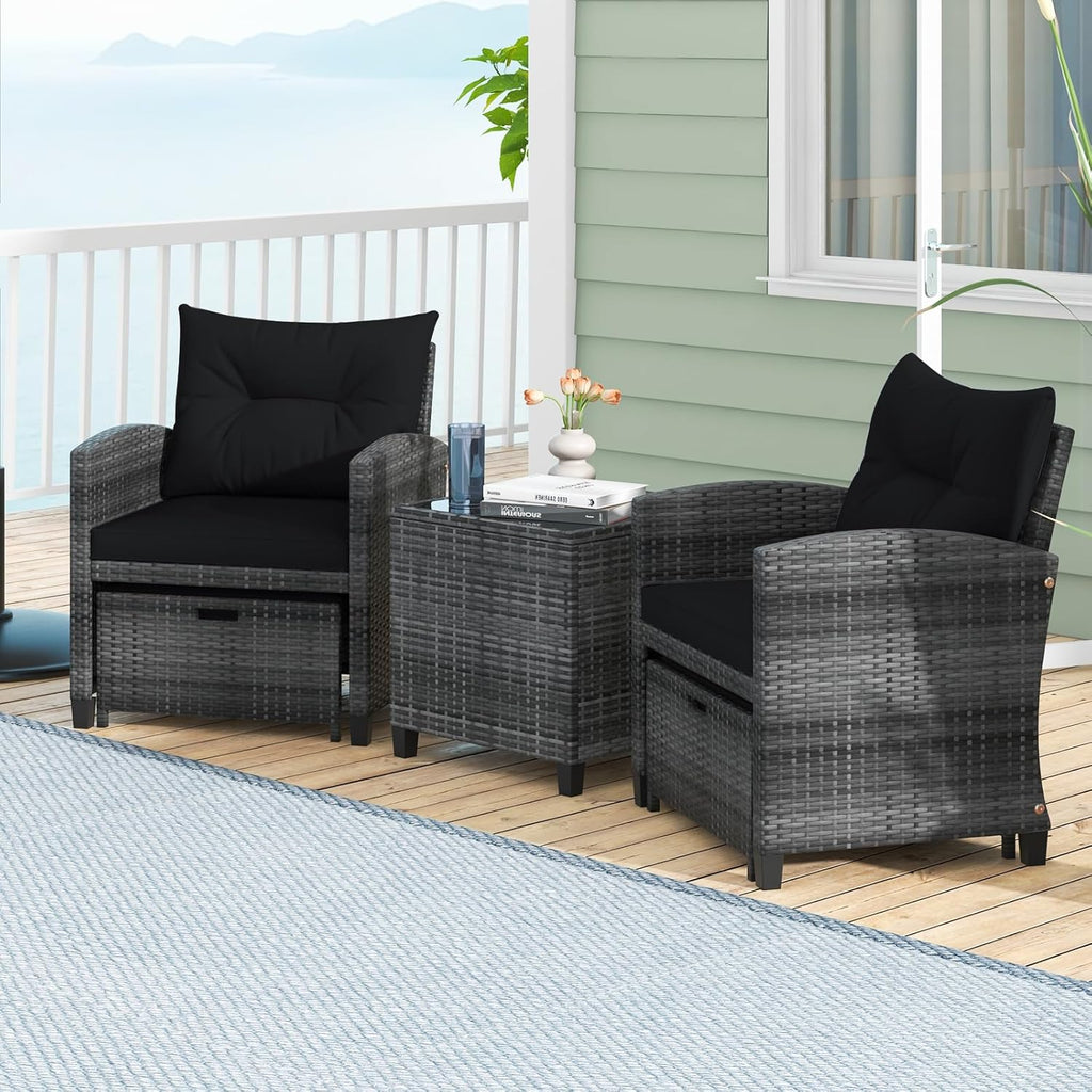 ORALNER 5 Pieces Patio Furniture Set with Ottoman, Wicker Conversation Set w/Cushions, Glass Coffee Table, Outdoor Lounger Rattan Chairs Bistro Set for Porch Balcony Garden Deck Poolside (Black)