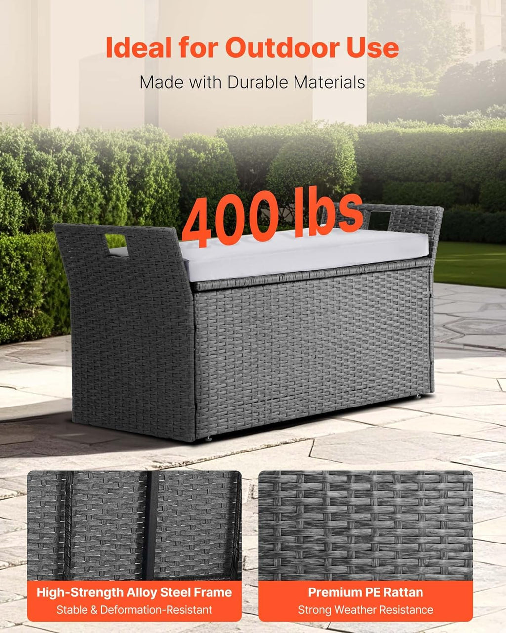 VEVOR Outdoor Storage Bench, 2-Person PE Rattan Storage Bench, 40 Gal Deck Box with Cushion & Side Handle, Supports up to 400 lbs, Outdoor Seating & Porch Decor for Patio Garden Balcony