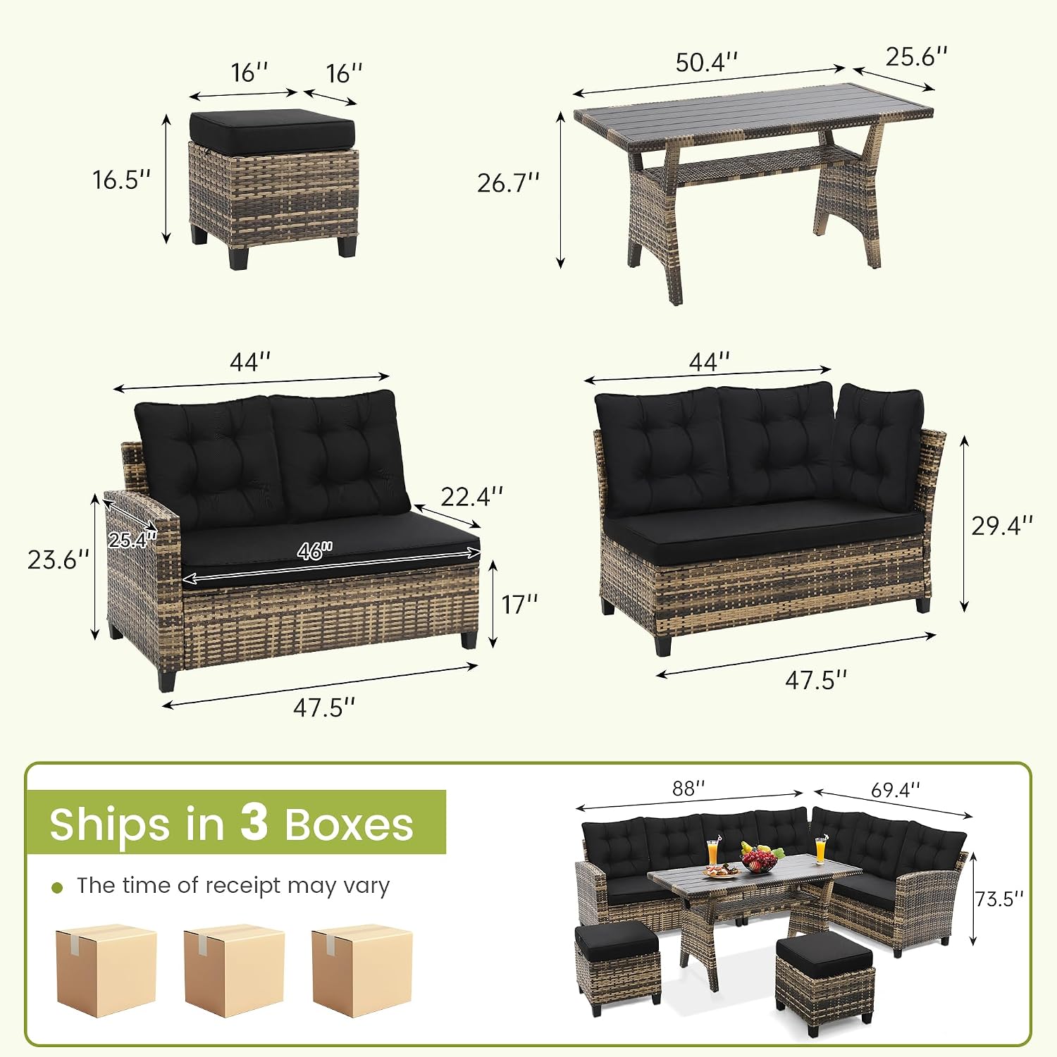 KROFEM 6-Piece Patio Furniture Set, Outdoor Sectional Sofa with Dining Table & Chairs, All-Weather Dining Set with Removable Cushion Covers, Ideal for Garden, Porch, Backyard, Black