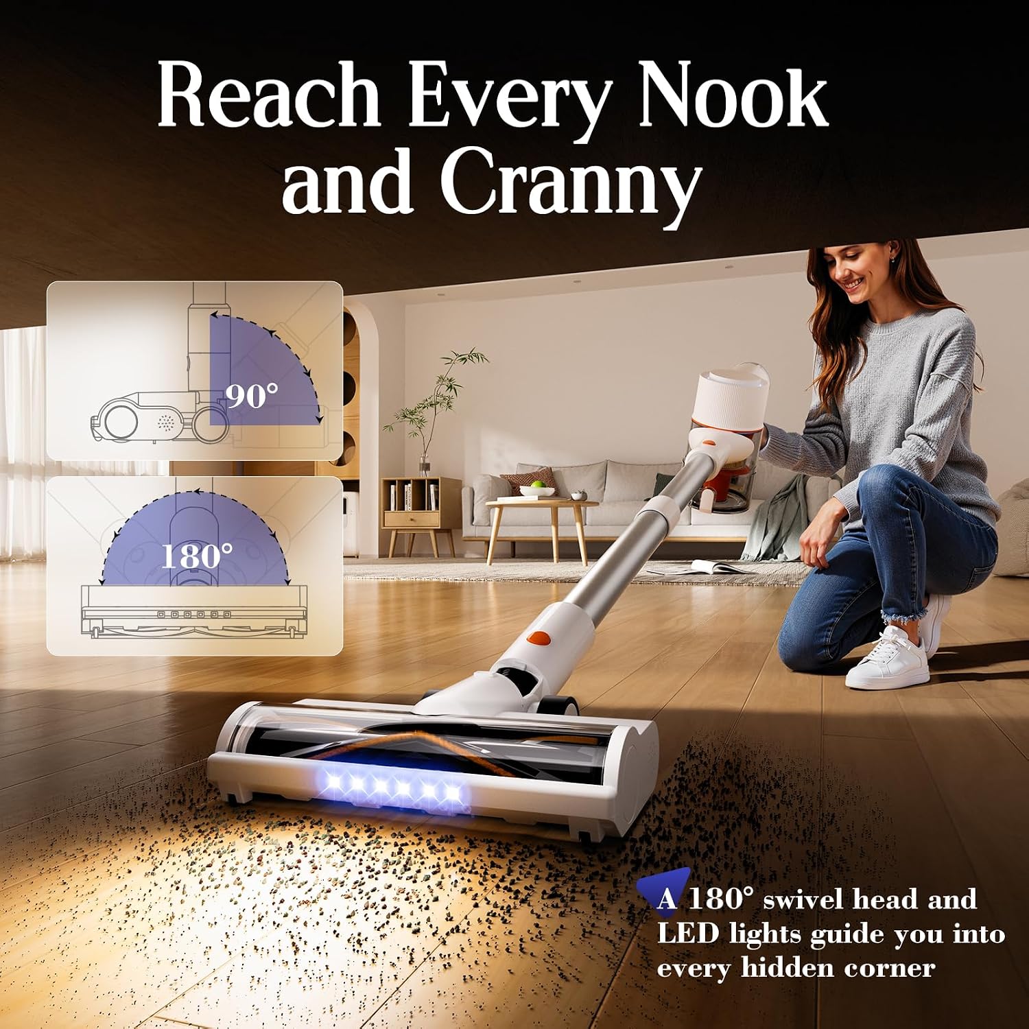 Cordless Vacuum Cleaner, Stick Vac with LED Touch Screen, 45KPA Powerful Suction, Up to 60 Mins Runtime, 7-Stage HEPA Filter, V-shaped Anti-Tangle Brush, Lightweight for Carpet, Hard Floor, Pet Hair