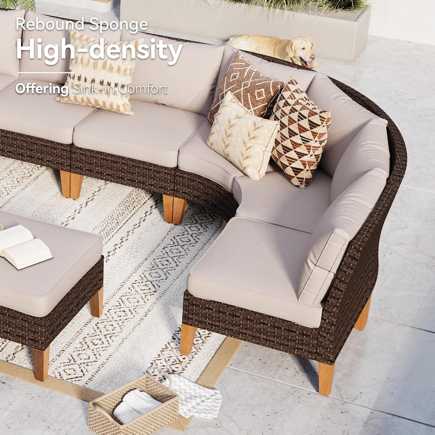 GREEN PARTY 7 Pieces Wicker Patio Furniture Set, All-Weather Outdoor Rattan Half-Moon Patio Curved Sectional Sofa Conversation Set for Garden, Backyard, 2 x Ottomans