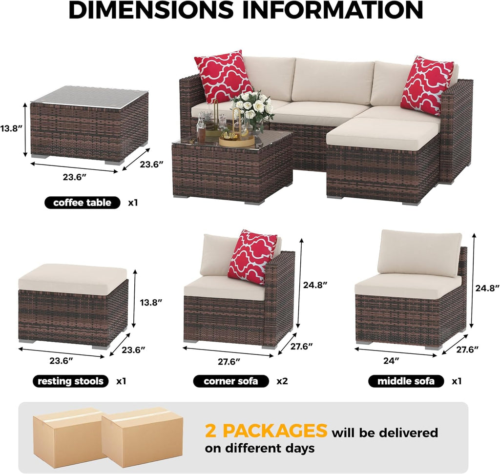5 Pieces Patio Furniture Set, All-Weather Wicker Sectional Sofa With Anti-Slip Cushions, Rattan Outdoor Patio Furniture Sofa Set With Glass Coffee Table and Ottoman for Balcony, Porch, Garden, Brown