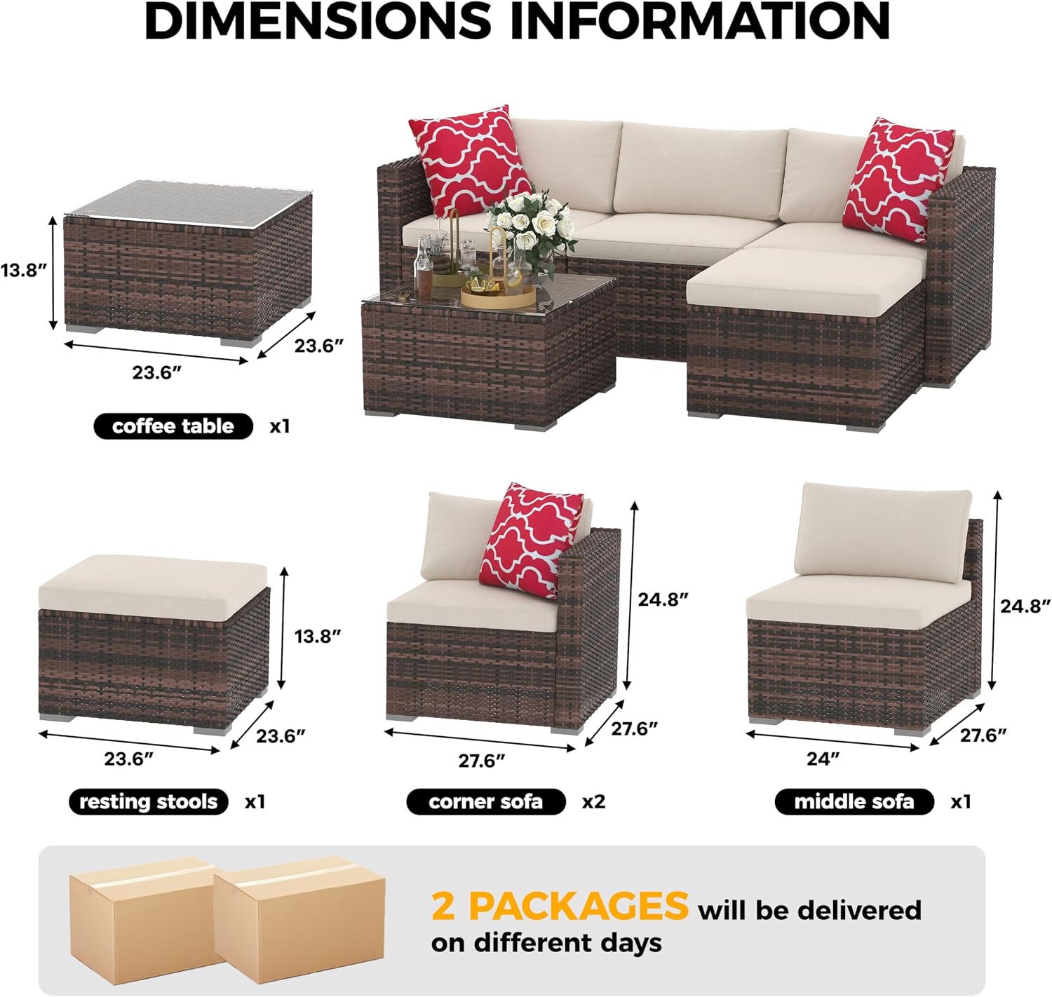 5 Pieces Patio Furniture Set, All-Weather Wicker Sectional Sofa With Anti-Slip Cushions, Rattan Outdoor Patio Furniture Sofa Set With Glass Coffee Table and Ottoman for Balcony, Porch, Garden, Brown
