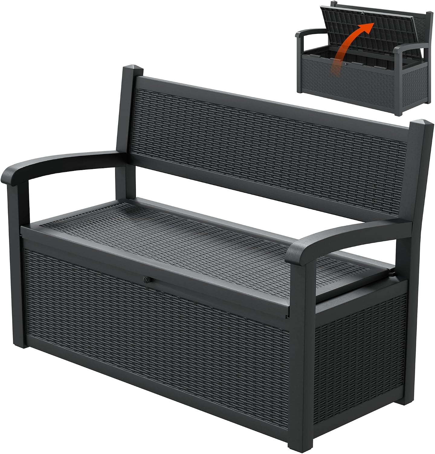LHBcraft 70 Gallon Lockable Outdoor Storage Bench Waterproof, Deck Box Bench for Patio, Porch, Garden, Poolside, Stores Tools & Pool Supplies, Heavy-Duty Outdoor Bench with Storage, Black