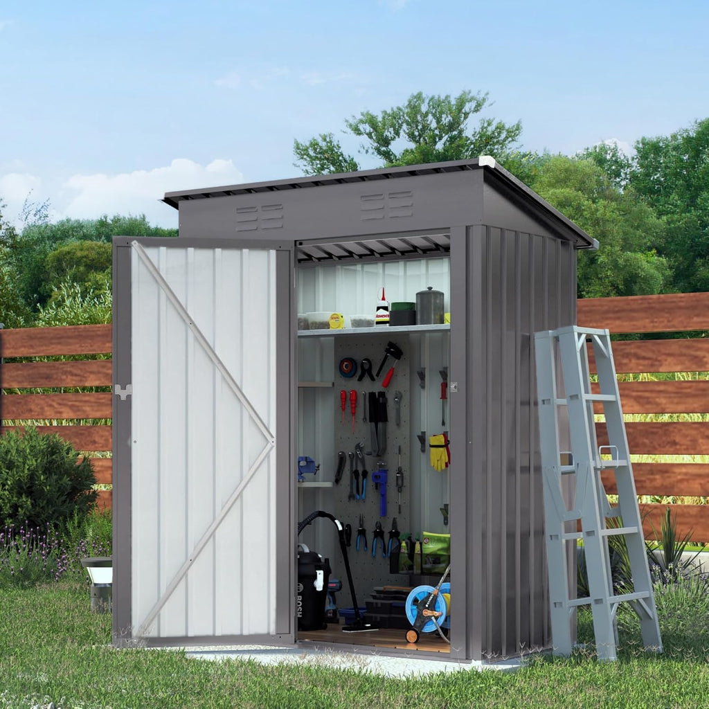 Outdoor Storage Shed 5x3x6FT Pitched Roof, Galvanized Steel Garden Shed with Lockable Door & Window, Waterproof Metal Tool Storage for Garden, Backyard, Patio, Lawn