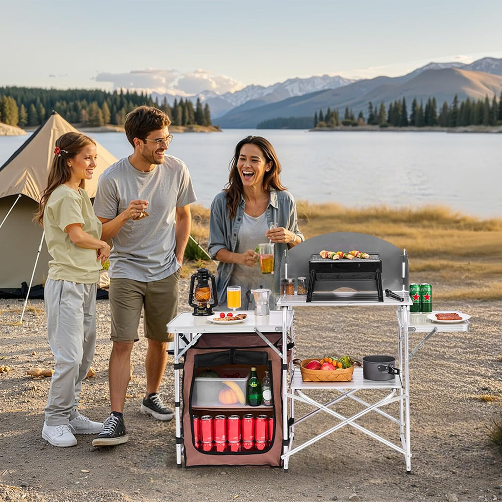 VEVOR Camping Kitchen Table, Folding Outdoor Cooking Table with Storage Carrying Bag, Aluminum Cook Station 1 Cupboard & Detachable Windscreen, Quick Set-up for Picnics, BBQ, RV Traveling, Brown