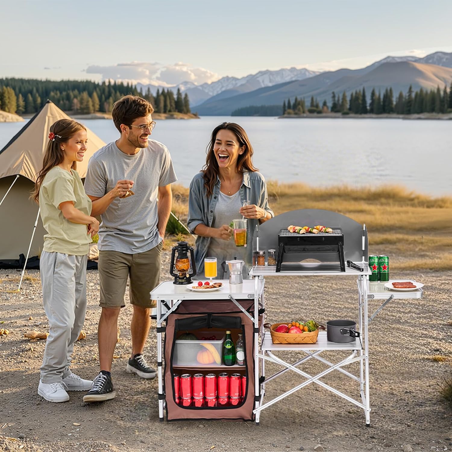 VEVOR Camping Kitchen Table, Folding Outdoor Cooking Table with Storage Carrying Bag, Aluminum Cook Station 1 Cupboard & Detachable Windscreen, Quick Set-up for Picnics, BBQ, RV Traveling, Brown
