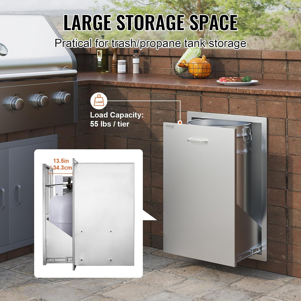VEVOR Outdoor Kitchen Trash Drawer, 19.7'W x 29'H x 15.7'D Inch, Outdoor Kitchen Drawers Cabinets, Stainless Steel BBQ Island Drawers, Trash Pull Out Drawer, BBQ Trash Bin, Outdoor Grill Drawers