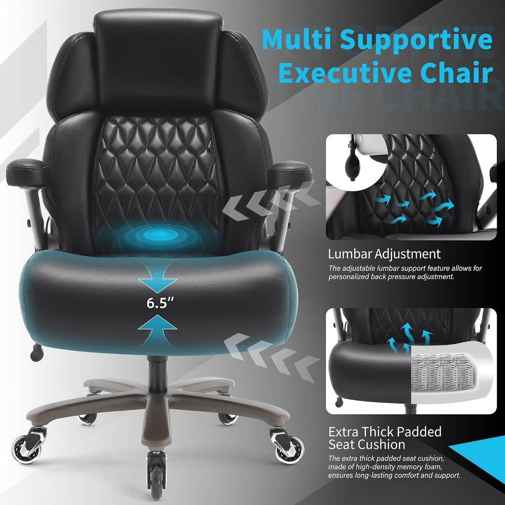 Big and Tall Office Chair 700lbs - Adjustable Headrest&Lumbar Support, 3D Flip Arms, Large Wheels &Heavy Duty Metal Base, Ergonomic High Back Computer Chair Desk Chair, Thick Padded Extra Wide Seat