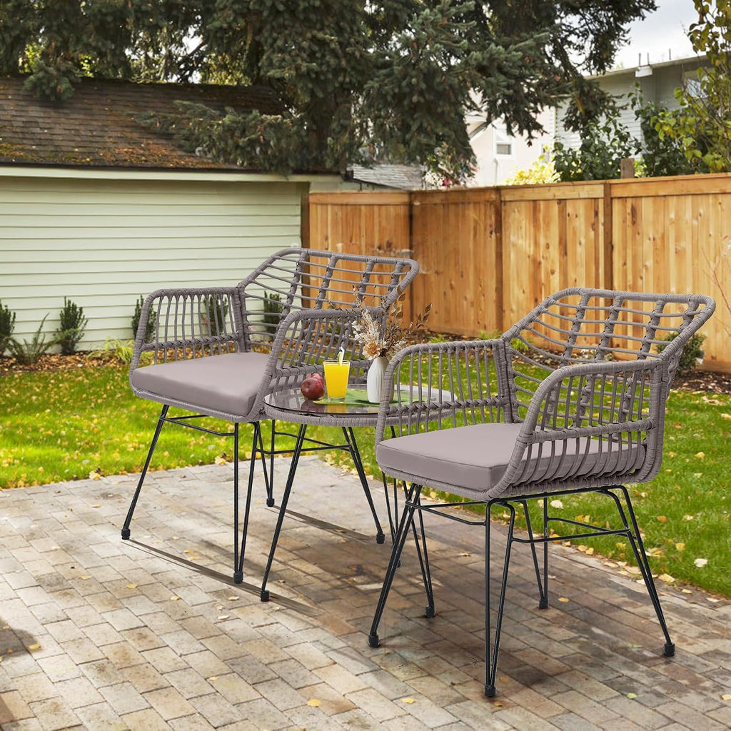KROFEM 3 Piece Wicker Patio Bistro Furniture Set, Includes 2 Rattan Chairs and Glass Top Table, Ideal for Porch, Outdoor, Backyard, Apartment, Balcony, Grey