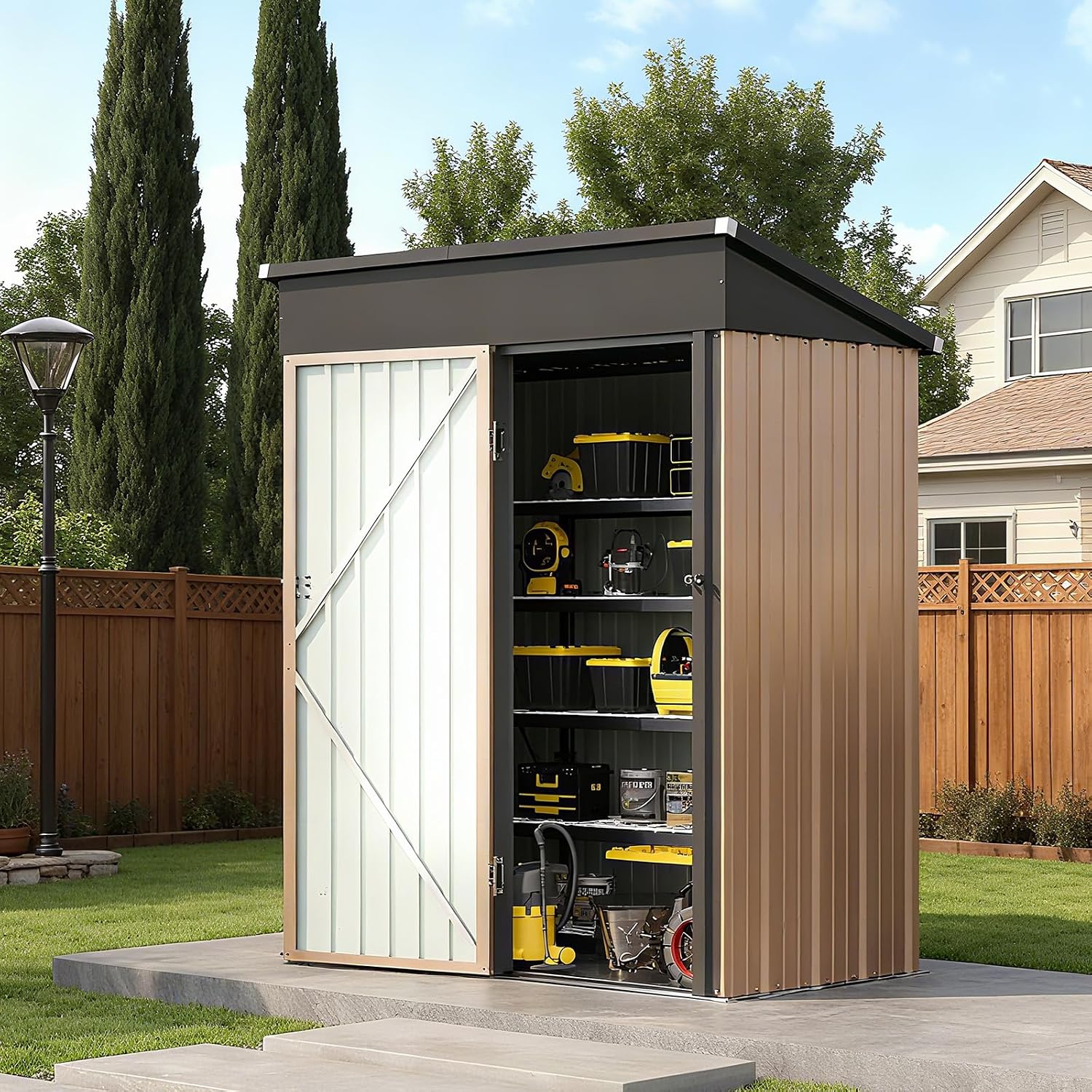 5x3FT Outdoor Storage Shed, Metal Garden Tool Shed with Sloping Roof & Lockable Door for Patio Lawn Backyard (Brown, 5x3FT)