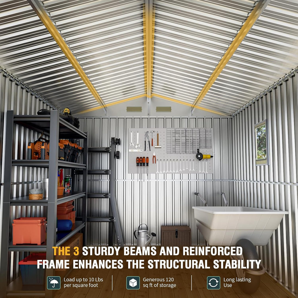 Florise Storage Shed, Large Outdoor Shed with Window, Lockable Doors, Outside Metal Steel Shed for Garden, Backyard, Lawn, Patio Utility, Tool Storage (8x10 FT)