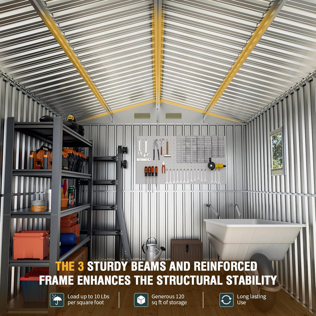 Florise Storage Shed, Large Outdoor Shed with Floor Base, Window, Lockable Doors, Outside Metal Steel Shed for Garden, Backyard, Lawn, Patio Utility, Tool Storage (8x10 FT/Base)