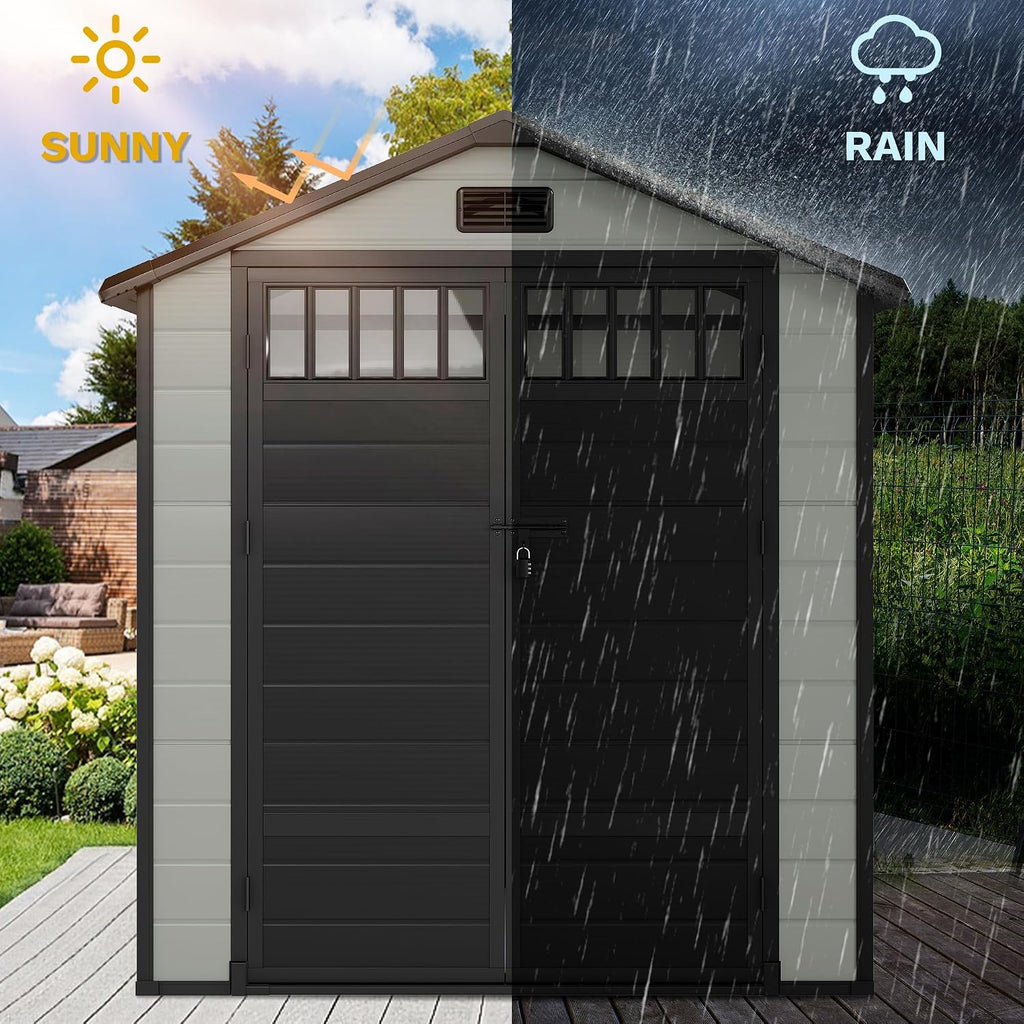 DWVO 6x4.4 FT Resin Storage Shed with Fence-Style and Side Windows, Lockable Door, and Vents for Garden, Backyard, Patio, Lawn, Blue-Gray