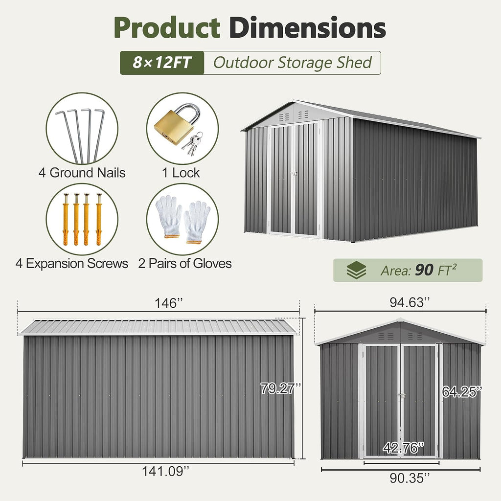 8 * 12 FT Outdoor Storage Shed with Floor Frame Heavy-Duty Metal Sheds & Outdoor Storage with Vents, Sloping Roof and Lockable Doors Waterproof Garden Tool Shed for Backyard Patio Lawn, Grey