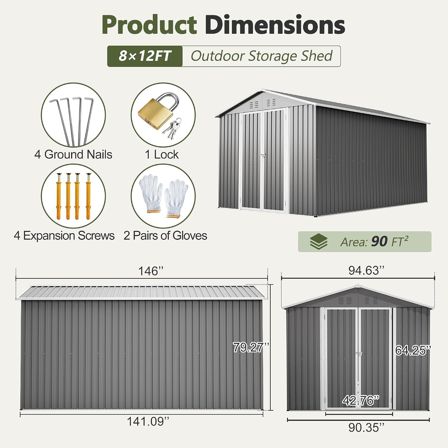 8 * 12 FT Outdoor Storage Shed with Floor Frame Heavy-Duty Metal Sheds & Outdoor Storage with Vents, Sloping Roof and Lockable Doors Waterproof Garden Tool Shed for Backyard Patio Lawn, Grey