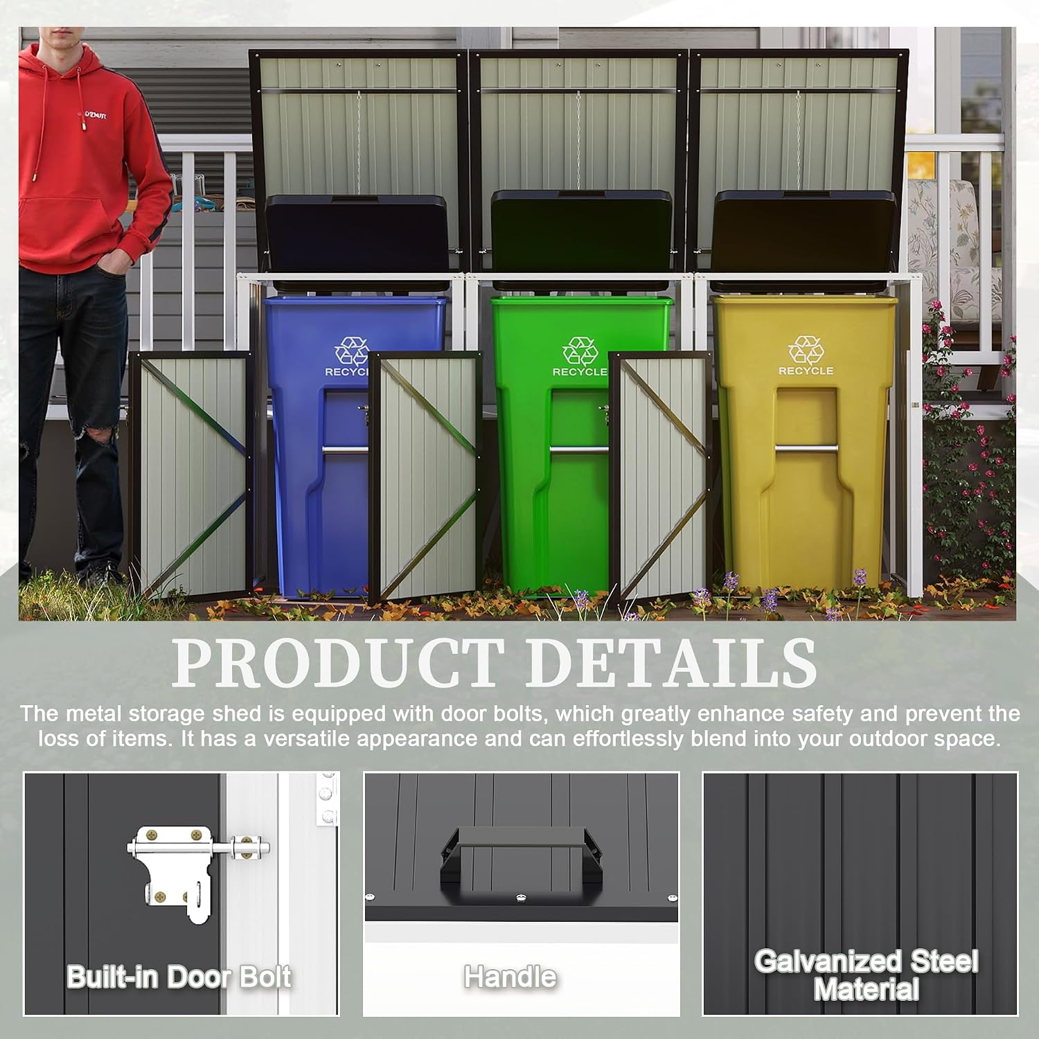 Outdoor Trash Can Storage, Garbage Bin Shed Stores 3 Trash Cans with Pneumatic Support Rod & Lockable Doors, Metal Outdoor Storage Shed for Garbage Cans, Garden, Backyard, and Patio, Grey