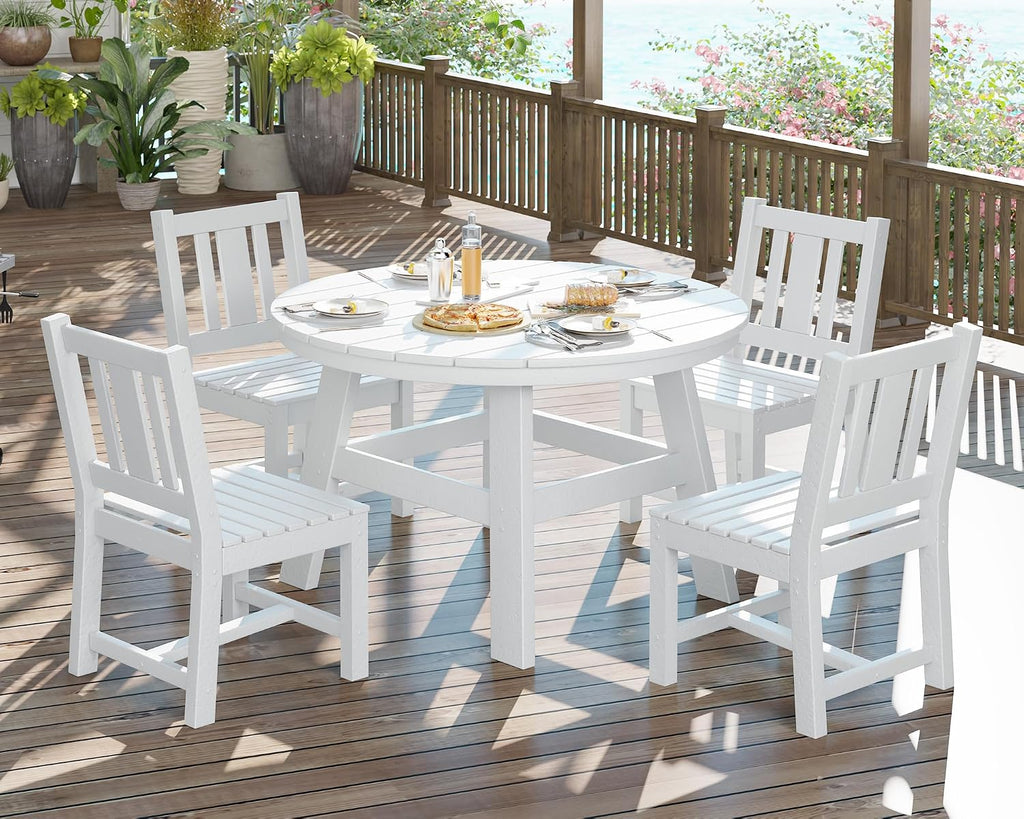 AMERLIFE 5 Piece HDPE Patio Dining Table Set, All-Weather Outdoor Table and Chairs Set Furniture with Umbrella Hole for Garden, Backyard, Poolside, Seaside, White