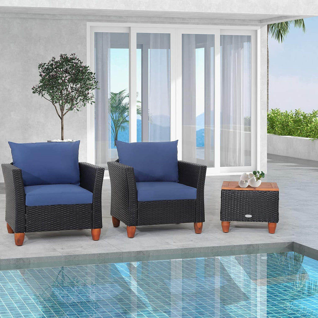 COSTWAY 3 Pieces Patio Rattan Furniture Set, Outdoor Wicker Conversation Chairs Set with Acacia Wood Coffee Table & Washable Cushion, Porch Furniture Bistro Set for Balcony, Garden, Backyard, Navy