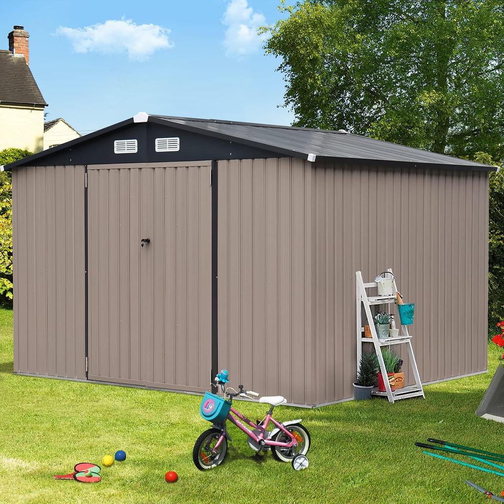 Verano Garden 8'x10' Outdoor Storage Shed, Large Galvanized Steel Metal Garden Shed, Double Door W/Lock, Outdoor Storage House for Backyard, Patio, Lawn(113.78'x88.58'x77.17')