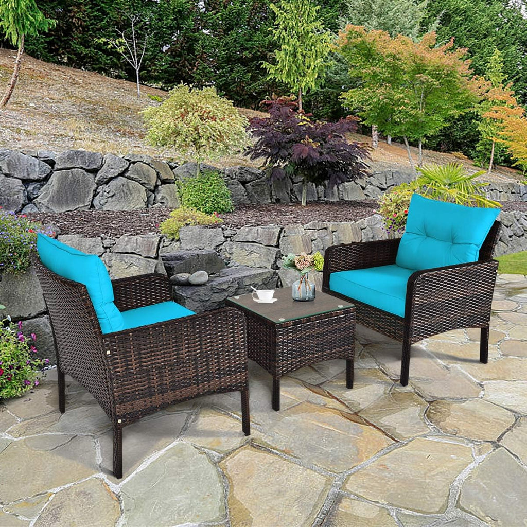 COSTWAY 3PCS Patio Furniture Set, Outdoor Wicker Cushioned Sofa Set with Coffee Table, All Weather Rattan Conversation Set for Garden Balcony Backyard Poolside Lawn, Turquoise