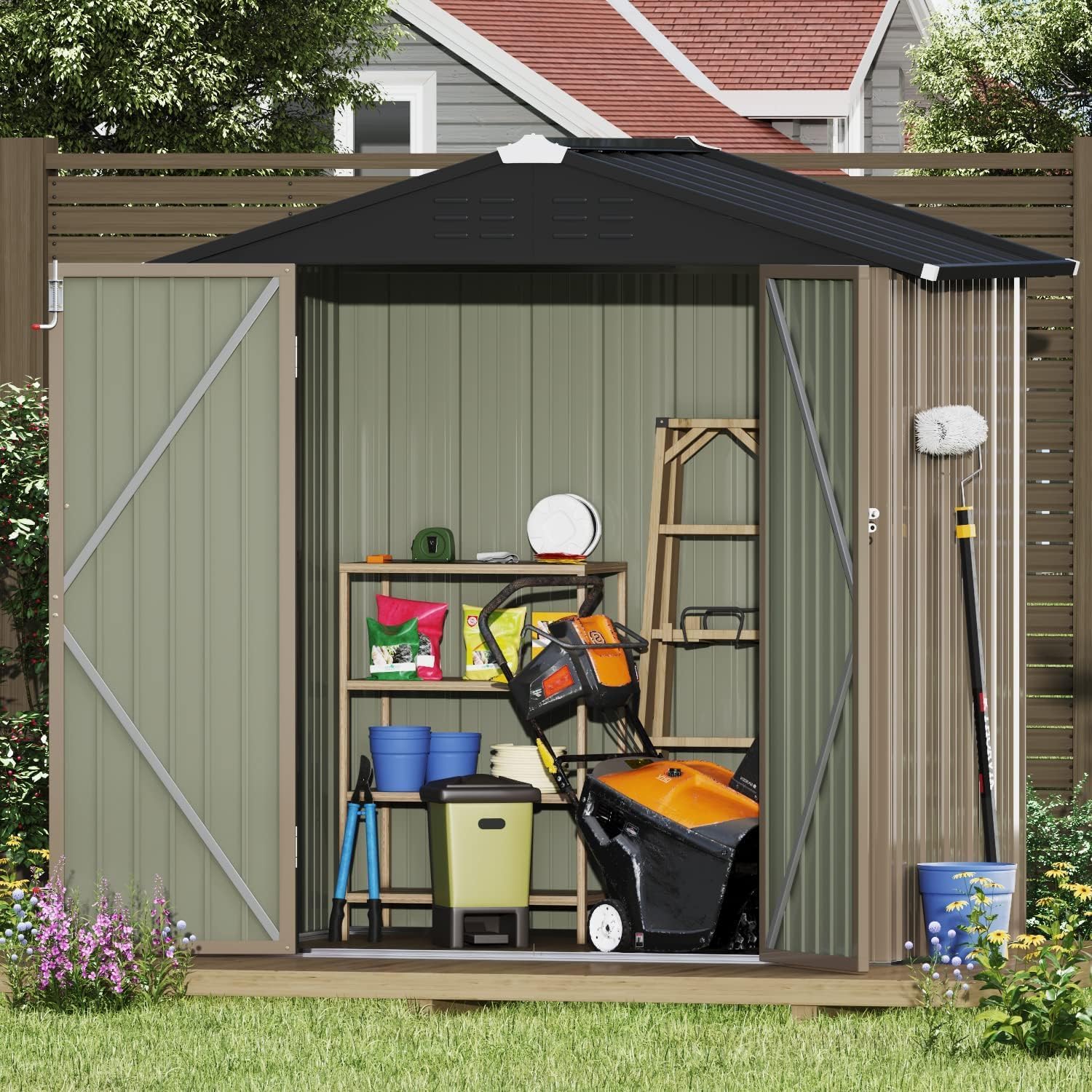 Devoko Outdoor Storage Shed 6 x 4 FT Lockable Metal Garden Shed Steel Anti-Corrosion Storage House with Double Lockable Door for Backyard Outdoor Patio (Brown)