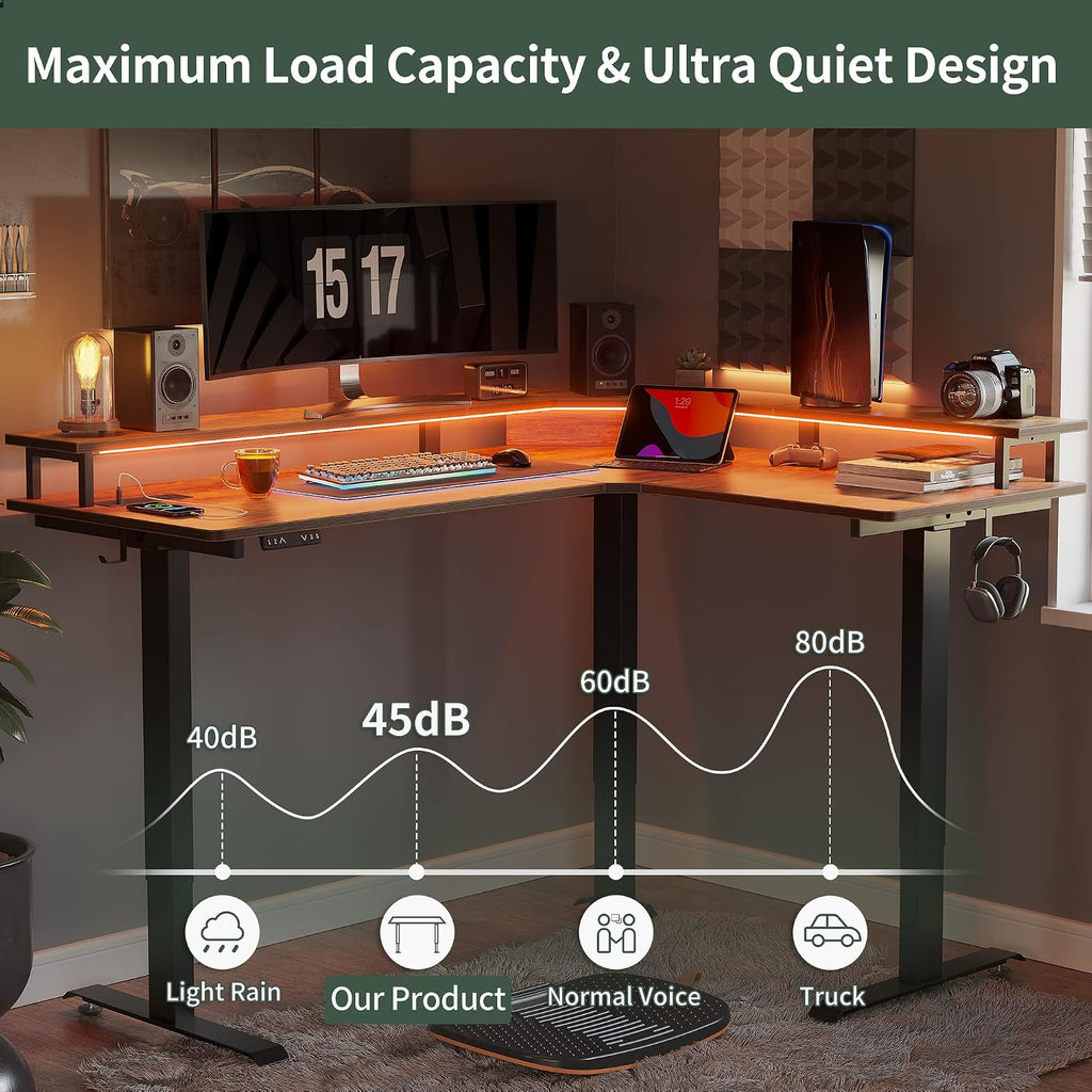 FEZIBO 63'x49' L Shaped Standing Desk with LED Strip & Power Outlets, Height Adjustable Stand up Corner Gaming Desk with Ergonomic Monitor Stand, Rustic Brown Top/Black Frame（2 Packages）