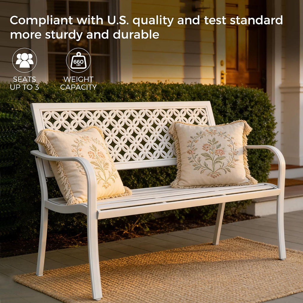 Grand patio 50' Garden Bench, Outdoor Benches with Anti-Rust Metal Powder Coated Frame, Patio Bench for Front Porch Park Outside Furniture Decor,White