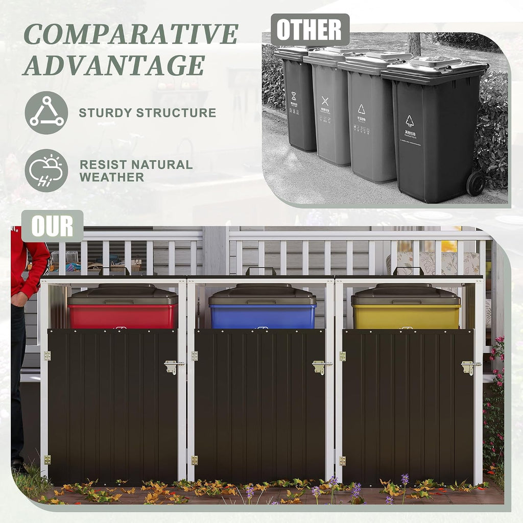 Outdoor Trash Can Storage, Garbage Bin Shed Stores 3 Trash Cans with Pneumatic Support Rod & Lockable Doors, Metal Outdoor Storage Shed for Garbage Cans, Garden, Backyard, and Patio, Grey