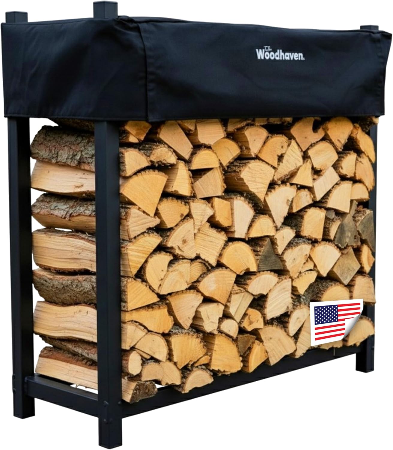 Woodhaven Black 4 Foot - Heavy Duty Made In USA - Indoor Outdoor - 1/4 Cord Firewood Storage Log Rack With Seasoning Cover Combo Set - Metal Log Storage - 48' x 48'