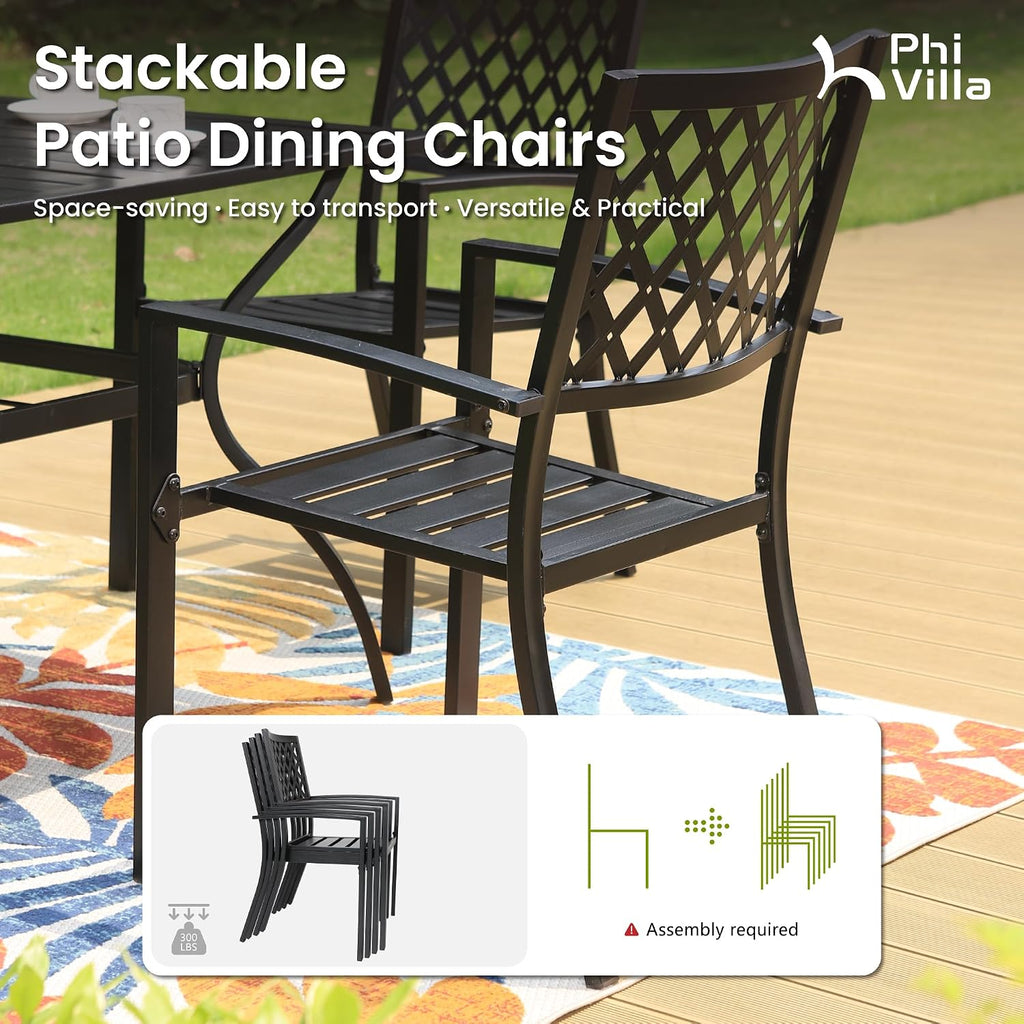 PHI VILLA 9 Pieces Outdoor Dining Set for 8, 83' Rectangular Metal Table with Umbrella Hole & Stackable Black Wrought Iron Chairs, Large Outside Furniture for Patio, Deck, Yard, Porch
