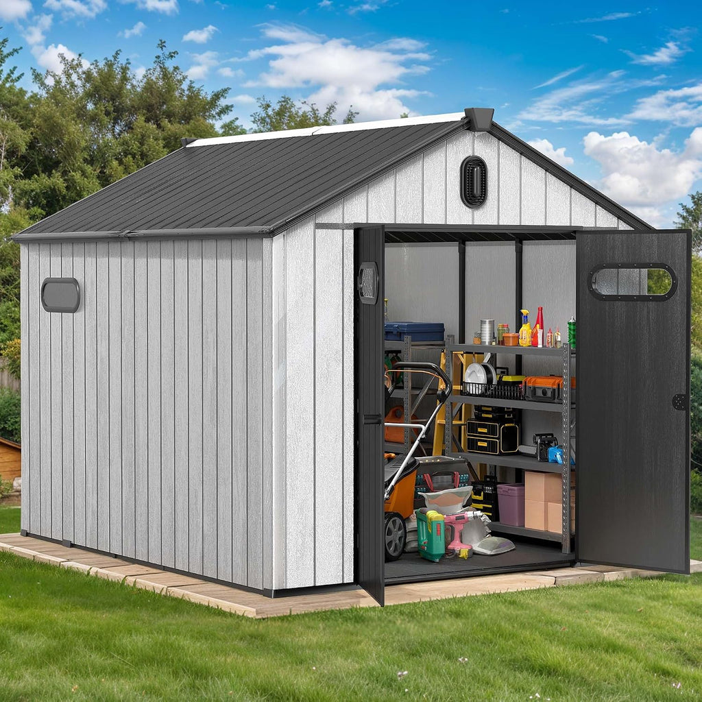DWVO 8x10 FT Outdoor Storage Shed, 544 cuft Large Plastic Storage Shed with Floor & Lockable Door, Outside Tool Garden Shed with Windows & Vents for Patio Furniture/Lawn Mower, Black&Gray
