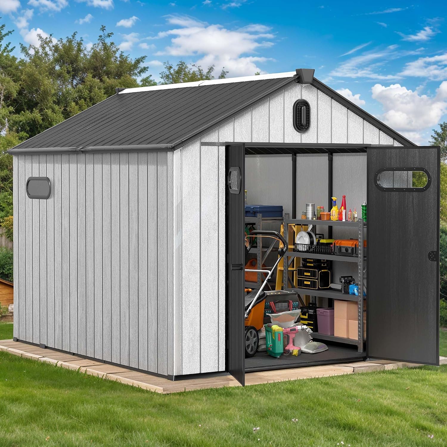 DWVO 8x10 FT Outdoor Storage Shed, 544 cuft Large Plastic Storage Shed with Floor & Lockable Door, Outside Tool Garden Shed with Windows & Vents for Patio Furniture/Lawn Mower, Black&Gray