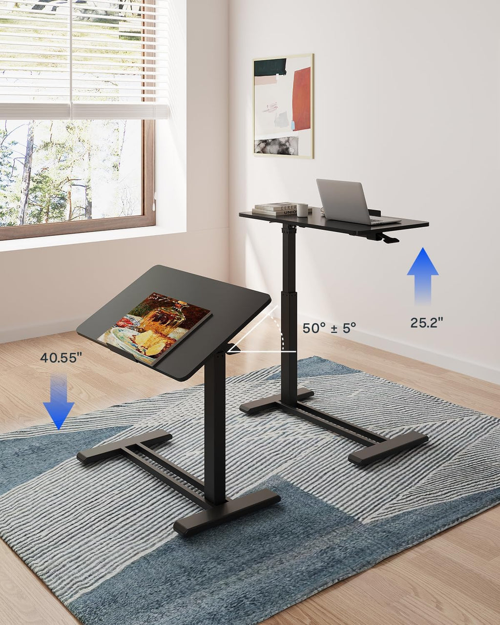 FLEXISPOT H7 PRO Mobile Standing Desk Adjustable Overbed Table Pneumatic with Wheels 55°Tiltable Portable Laptop Desk Rolling Computer Cart Foldable Bedside Table(27.6' W x 15.7' D, Black)